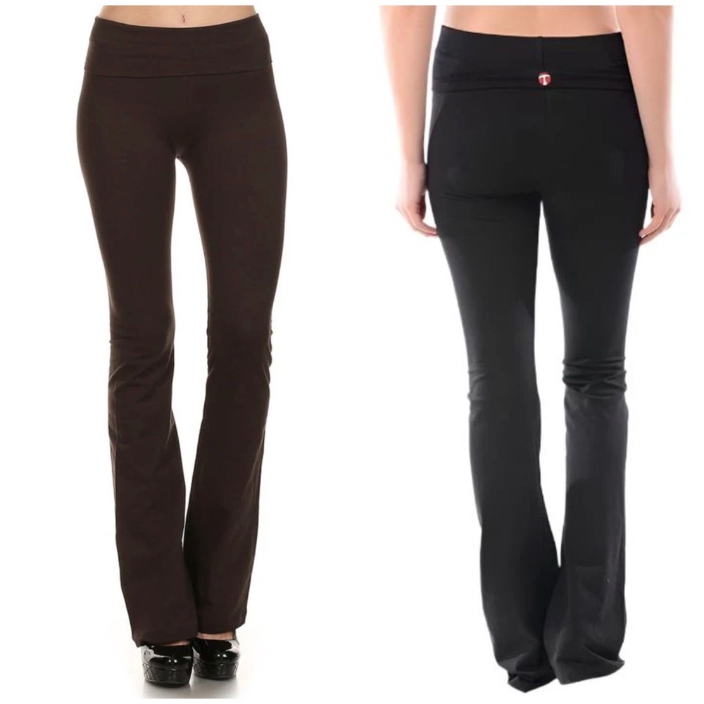 T Party Yoga Pants Foldover Waist Chocolate Brown Wide Leg Flare Leg Y2K Grunge